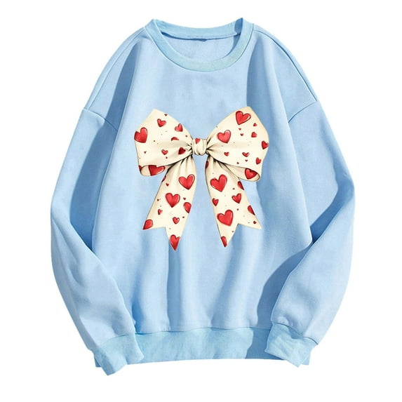 Fleece Womens Crewneck Sweatshirt Oversized Bow Print Pullover Tops Cute Heart Graphic Shirts Valentine's Day Long Sleeve Sweatshirts(Light Blue,XXL)