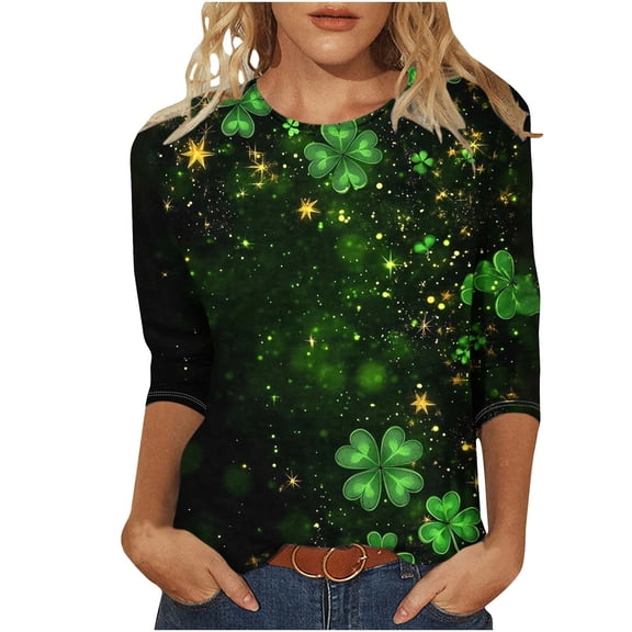 Funny Leprechaun Hat Tops Womens St Patricks Day Shirt Lucky Irish Shamrock Graphic Tees 2025 Plus Size 3/4 Sleeve Shirts Blouse(Green,XL)