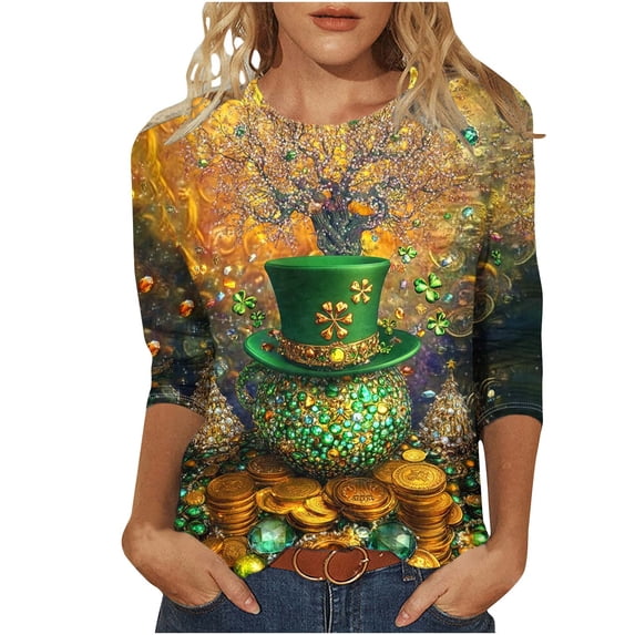 Funny Leprechaun Hat Tops Womens St Patricks Day Shirt Lucky Irish Shamrock Graphic Tees 2025 Plus Size 3/4 Sleeve Shirts Blouse(Green,XXL)