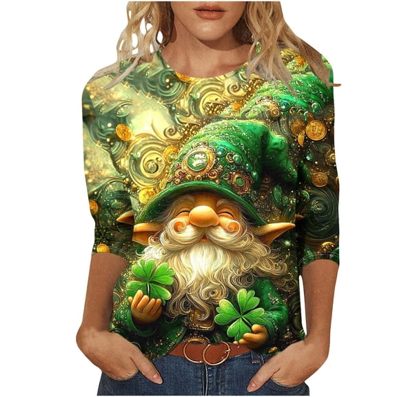 Funny Leprechaun Hat Tops Womens St Patricks Day Shirt Lucky Irish Shamrock Graphic Tees 2025 Plus Size 3/4 Sleeve Shirts Blouse(Green,XXL)