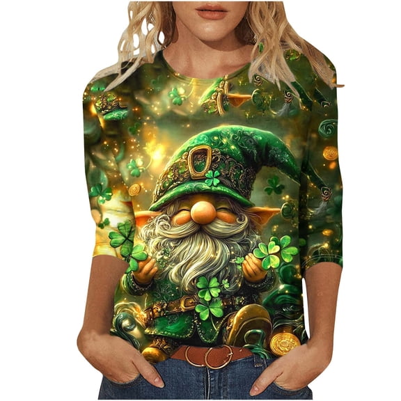 Goodeals Funny Leprechaun Hat Tops Womens St Patricks Day Shirt Lucky Irish Shamrock Graphic Tees 2025 Plus Size 3/4 Sleeve Shirts Blouse(Green,XXXL)