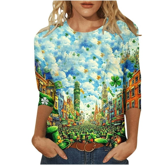 Funny Leprechaun Hat Tops Womens St Patricks Day Shirt Lucky Irish Shamrock Graphic Tees 2025 Plus Size 3/4 Sleeve Shirts Blouse(Green,XXXXL)