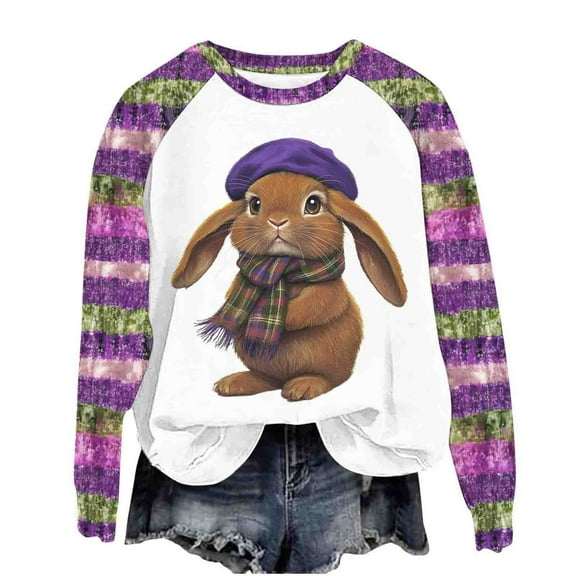 Happy Easter Sweatshirt Women Raglan Long Sleeve Shirts 2025 Cute Bunny Rabbit Graphic Tees Pullover Fuuny Lightweight Shirts Tops(Purple,S)
