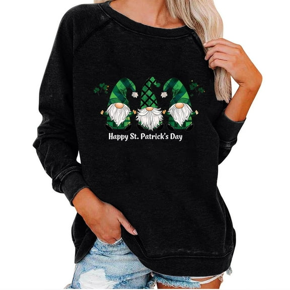 Goodeals Happy St Patricks Day Sweatshirts Women Cute Leprechaun Graphic Shirts Long Sleeve Sweater Lucky Green Saint Patrick's Pullover Tops(Black,L)