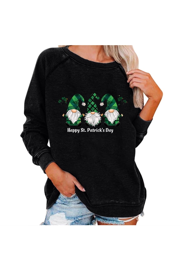 Happy St Patricks Day Sweatshirts Women Cute Leprechaun Graphic Shirts Long Sleeve Sweater Lucky Green Saint Patrick's Pullover Tops(Black,M)