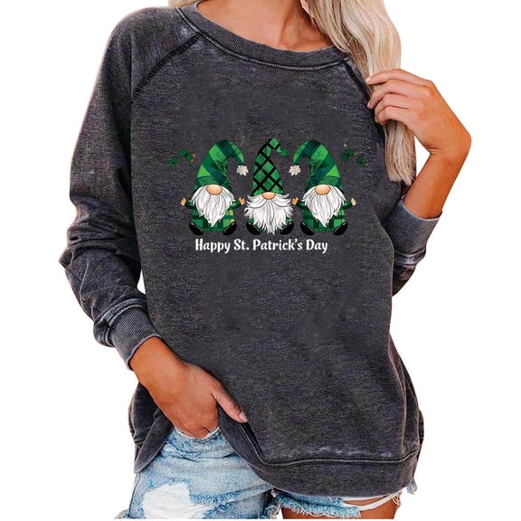 Goodeals Happy St Patricks Day Sweatshirts Women Cute Leprechaun Graphic Shirts Long Sleeve Sweater Lucky Green Saint Patrick's Pullover Tops(Dark Gray,L)