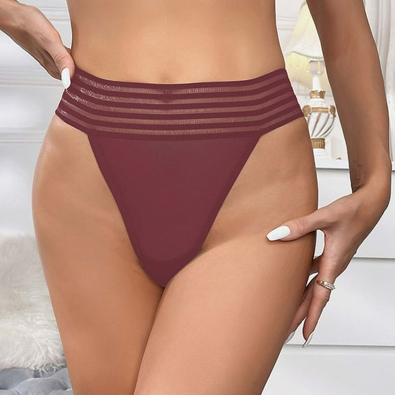 High Cut Thongs for Women Lightweight Breathable Bikini Invisible Seamless Panties Summer Erotic Sheer Underpants(Wine,L)