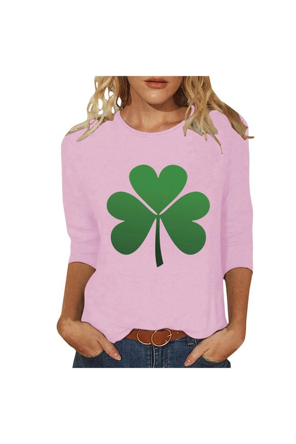 Irish Shamrock Printed Shirts for Women St Paddy's Day Graphic Tee Tops Crewneck 3/4 Sleeve Loose Tunic Tops for Teacher Mom(Pink,M)