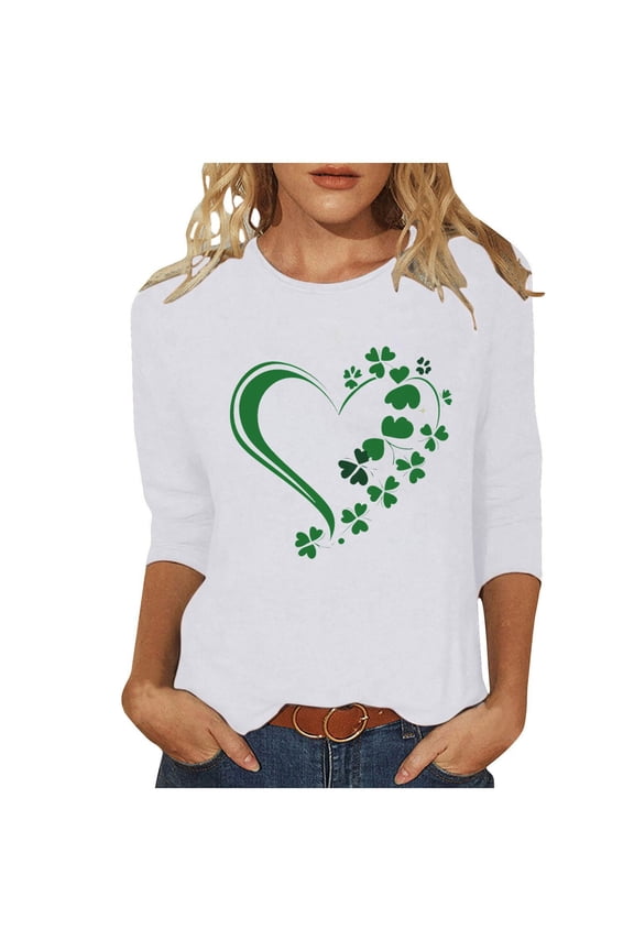 Irish Shamrock T Shirt for Women Funny St Saint Patricks Day Shamrock Clover Tee Top Summer 3/4 Sleeve Get Lucky Shirts Blouses Tees(White,M)