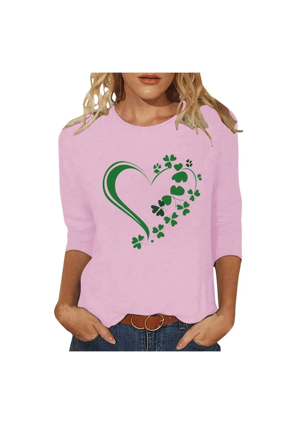 Irish Shamrock T Shirt for Women Funny St Saint Patricks Day Shamrock Clover Tee Top Summer 3/4 Sleeve Get Lucky Shirts Blouses Tees(Pink,M)