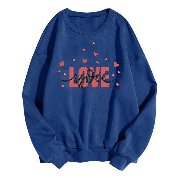 Goodeals Love You Women's Valentines Sweatshirts Love Heart Graphic Pullover Cute Holiday Crewneck Long Sleeve Preppy Tops(Blue,XXL)Reduced