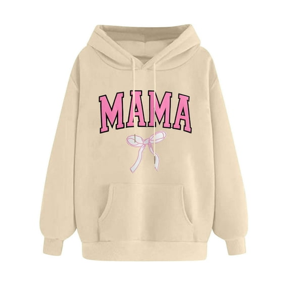Mama Cute Bow Hoodies Women Oversized Long Sleeve Sweatshirt 2025 Trendy Letter Graphic Print Shirts Funny Mama Crewneck Shirts(Beige,L)
