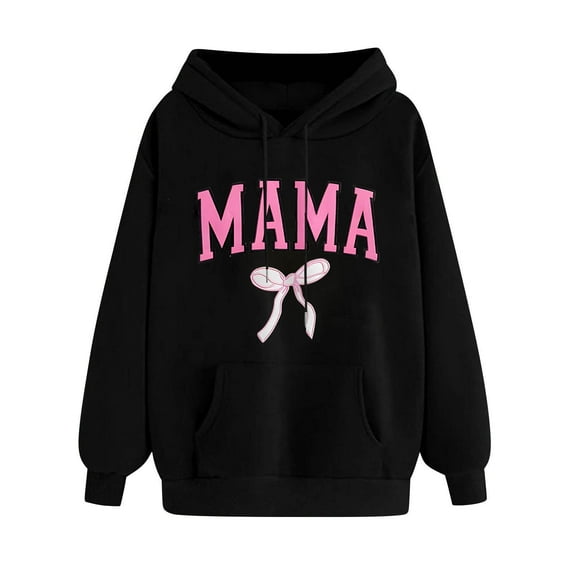 Goodeals Mama Cute Bow Hoodies Women Oversized Long Sleeve Sweatshirt 2025 Trendy Letter Graphic Print Shirts Funny Mama Crewneck Shirts(Black,L)
