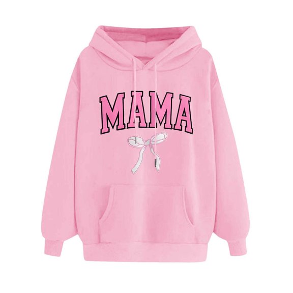 Goodeals Mama Cute Bow Hoodies Women Oversized Long Sleeve Sweatshirt 2025 Trendy Letter Graphic Print Shirts Funny Mama Crewneck Shirts(Pink,XL)