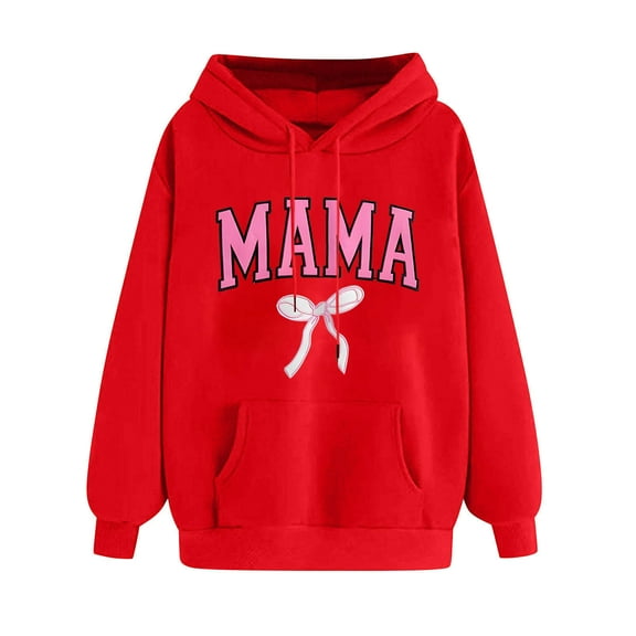 Goodeals Mama Cute Bow Hoodies Women Oversized Long Sleeve Sweatshirt 2025 Trendy Letter Graphic Print Shirts Funny Mama Crewneck Shirts(Red,XL)