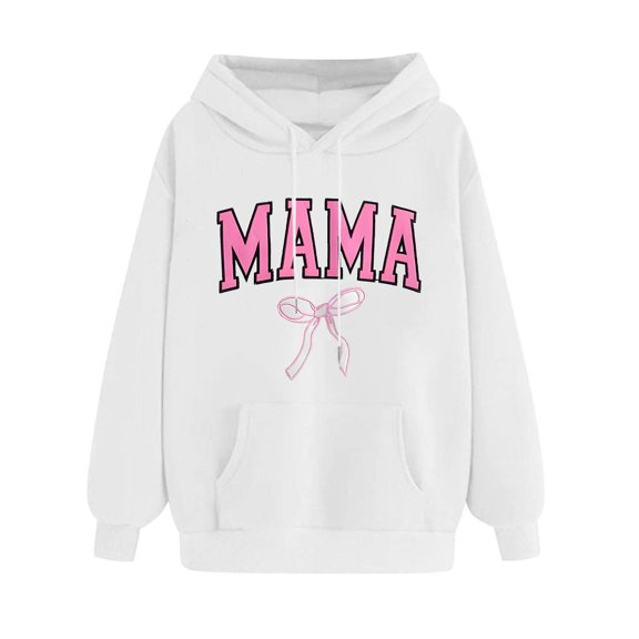 Goodeals Mama Cute Bow Hoodies Women Oversized Long Sleeve Sweatshirt 2025 Trendy Letter Graphic Print Shirts Funny Mama Crewneck Shirts(White,M)