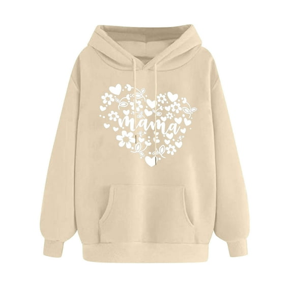 Mama Fleece Sweatshirts Women Casual Oversized Pullover Hoodies 2025 Loose Drop Shoulder Cute Heart Graphic Hooded Shirts Personalized Mom Gift for Her(Beige,L)