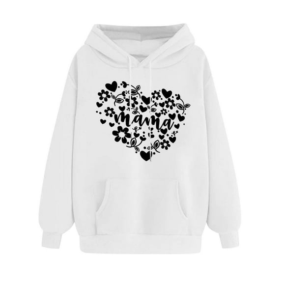 Goodeals Mama Fleece Sweatshirts Women Casual Oversized Pullover Hoodies 2025 Loose Drop Shoulder Cute Heart Graphic Hooded Shirts Personalized Mom Gift for Her(White,XL)
