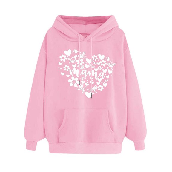 Goodeals Mama Fleece Sweatshirts Women Casual Oversized Pullover Hoodies 2025 Loose Drop Shoulder Cute Heart Graphic Hooded Shirts Personalized Mom Gift for Her(Pink,XL)