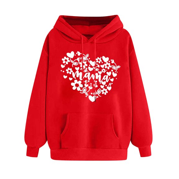 Goodeals Mama Fleece Sweatshirts Women Casual Oversized Pullover Hoodies 2025 Loose Drop Shoulder Cute Heart Graphic Hooded Shirts Personalized Mom Gift for Her(Red,XL)