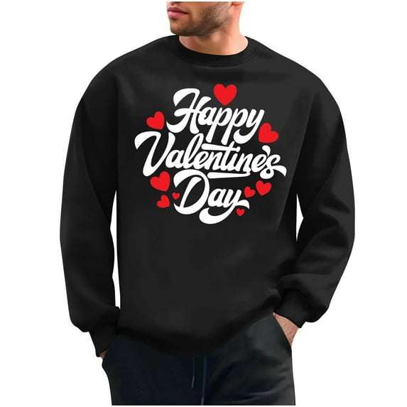 Men's Fleece Sweatshirts 2025 Happy Valentine's Day Sweatshirt Comfy Long Sleeve Sweater Oversized Round Neck Heart Print Clothes(Black,L)