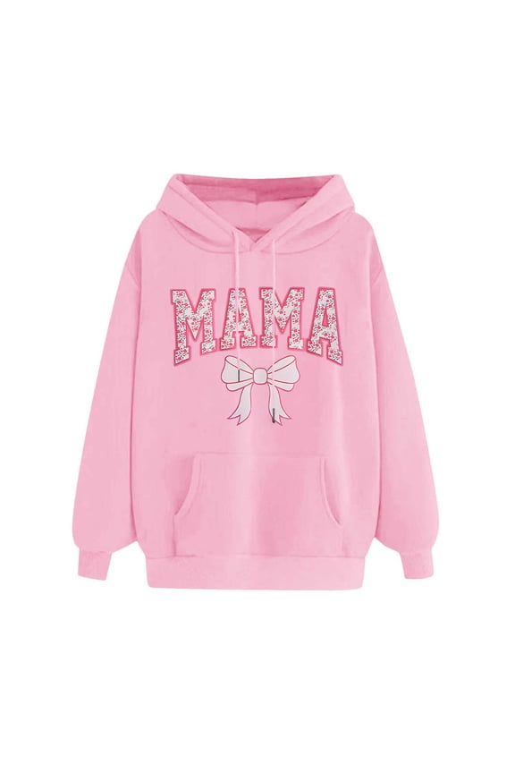 Mom Gift for Her Womens Bow Hoodies 2025 Mother's Day Sweatshirts Cute Mama Letter Print Shirts Fashion Drop Shoulder Long Sleeve Hooded(Pink,S)