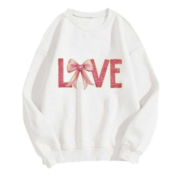Novelty Bow Love Print Sweatshirt Women 2025 Valentine's Day Fleece Pullover Sweatshirts Cute Long Sleeve Crewneck Shirts Clothes Outfits(White,L)