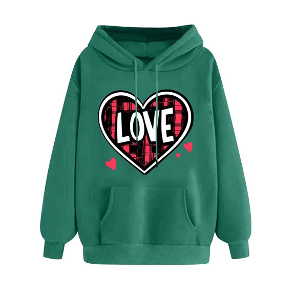 Cute Love Heart Printed Hoodies for Women Oversized Plaid Fleece Sweatshirts Valentines Day Sweatshirt for Her Valentine Pullover Long Sleeve Tops(Army Green,XL)
