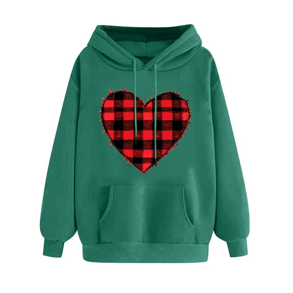 Goodeals Online Deals,Cute Valentines Day Sweatshirt for Women Love Heart Pullover Sweatshirts Buffalo Plaid Graphic Hooded Tops Girls Funny Spring Clothes(Army Green,XXL)