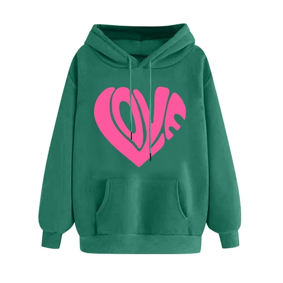 Hoodies for Women Casual Fleece Sweatshirts Cute Love Heart Print Long Sleeve Pullover with Pocket(Army Green,L)