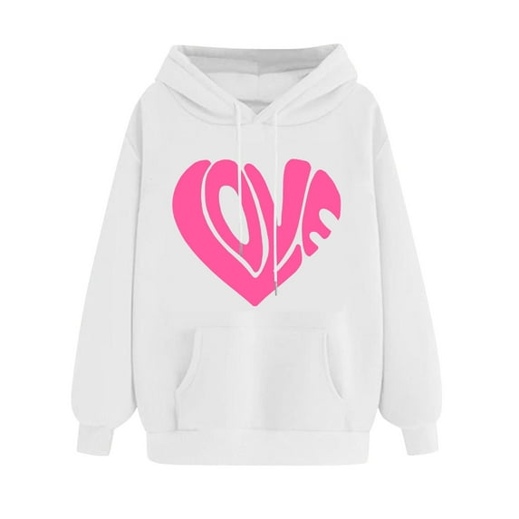 Goodeals Online Deals,Hoodies for Women Casual Fleece Sweatshirts Cute Love Heart Print Long Sleeve Pullover with Pocket(White,M)