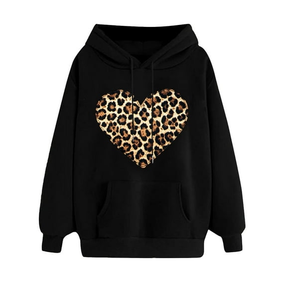 Love Heart Sweatshirt Women Oversized Valentines Day Pullover Cute Leopard Print Print Tops Hooded Fashion Drawstring Sweatshirts(Black,XXL)