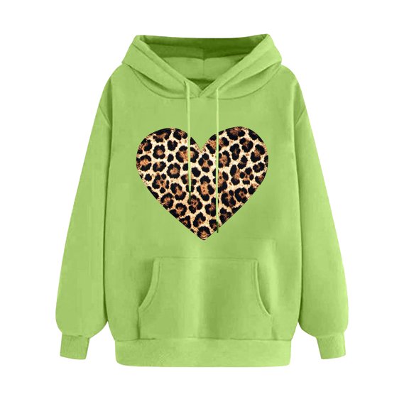 Love Heart Sweatshirt Women Oversized Valentines Day Pullover Cute Leopard Print Print Tops Hooded Fashion Drawstring Sweatshirts(Green,XL)