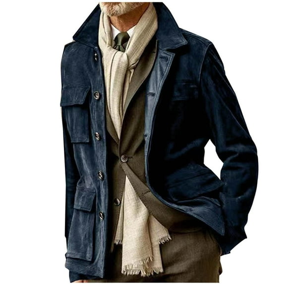 Men's Vintage Suede Leather Jacket Western Style Cowboy Trucker Coats Button Motorcycle Jacket Coats Retro Tops with Multi-Pockets(Dark Blue,XXXL)