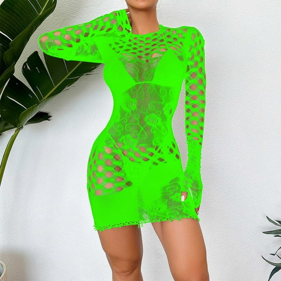 Goodeals Online Deals,Sheer Erotic Mini Dress for Women, Fishnet See Through Lingerie, Long Sleeve Bodysuit, Solid Color Sexy Bodycon(Green,Free Size)