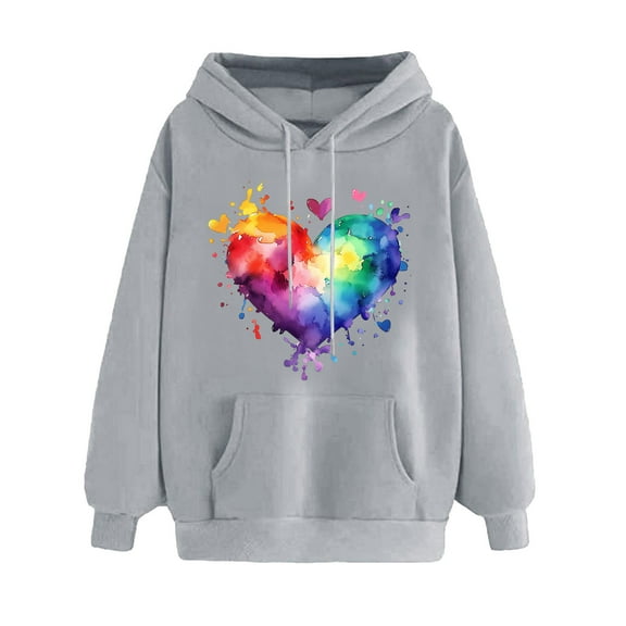 Women's Rainbow Heart Print Hoodies Valentines Tie Dye Graphic Fleece Sweatshirts Cute Holiday Long Sleeve Sweatshirt(Gray,XL)