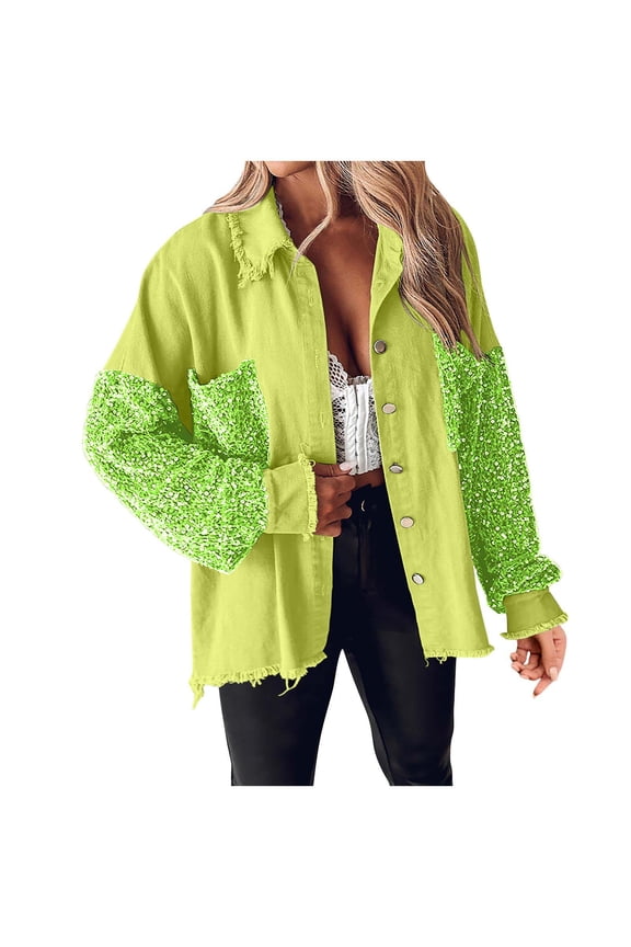 Womens Jacket Denim Sequin Patchwork Long Sleeve Jacket Shirts Oversized Button Up Frayed Hem Jean Shacket Spring Fall Outfits(Green,L)