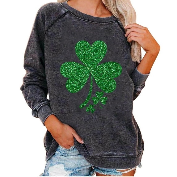 Goodeals Oversize Women's St Patricks Day Sweatshirt Sequin Lucky Shamrock Print Shirts Irish Gift Casual Long Sleeve Crewneck Pullover Tops Loose Fit Outfits(Dark Gray,XXL)