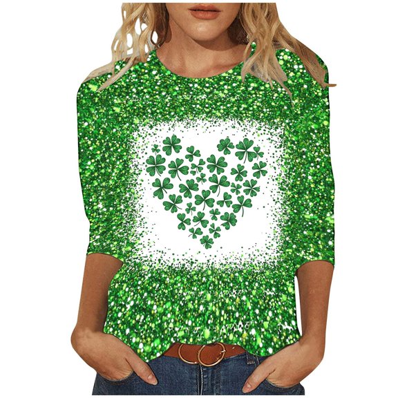 Goodeals Plus Size Saint Patrick's Day Tops for Women Casual Loose Irish Tunic Blouses 3/4 Sleeve Clothes Lucky Shamrock Clover Graphic Tee Top(Green,XXXL)