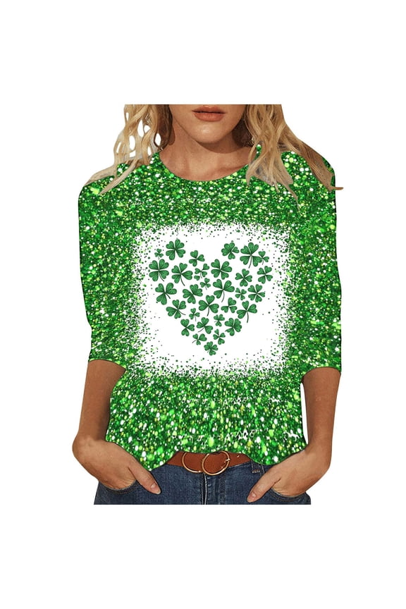 Plus Size Saint Patrick's Day Tops for Women Casual Loose Irish Tunic Blouses 3/4 Sleeve Clothes Lucky Shamrock Clover Graphic Tee Top(Green,XXXL)
