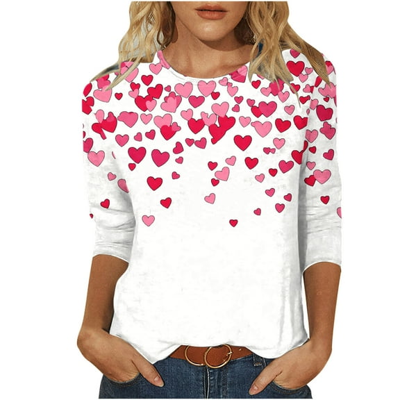 Goodeals Plus Size Valentines Shirts for Women Cute Oversized Heart Print Crewneck Shirts 3/4 Sleeve Funny Graphic Tee Shirt 2025 Fashion Casual Clothes Tops(White,L)
