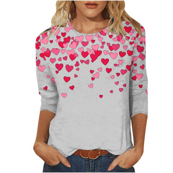 Goodeals Plus Size Valentines Shirts for Women Cute Oversized Heart Print Crewneck Shirts 3/4 Sleeve Funny Graphic Tee Shirt 2025 Fashion Casual Clothes Tops(Gray,M)