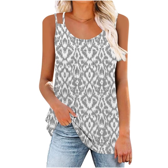 Goodeals Printed Tank Tops for Women Summer Loose Flowy Shirts Fashion Double Spaghetti Strap Camisole Dressy Casual Sleeveless Work Blouses Square Neck Outfits(Gray,M)