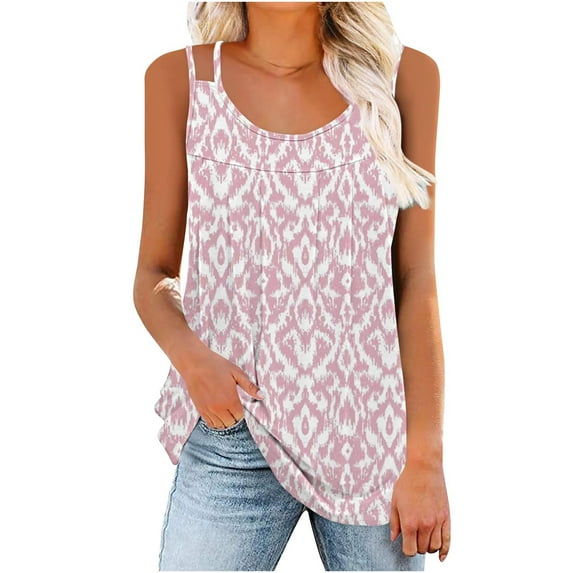 Goodeals Printed Tank Tops for Women Summer Loose Flowy Shirts Fashion Double Spaghetti Strap Camisole Dressy Casual Sleeveless Work Blouses Square Neck Outfits(Pink,XXL)