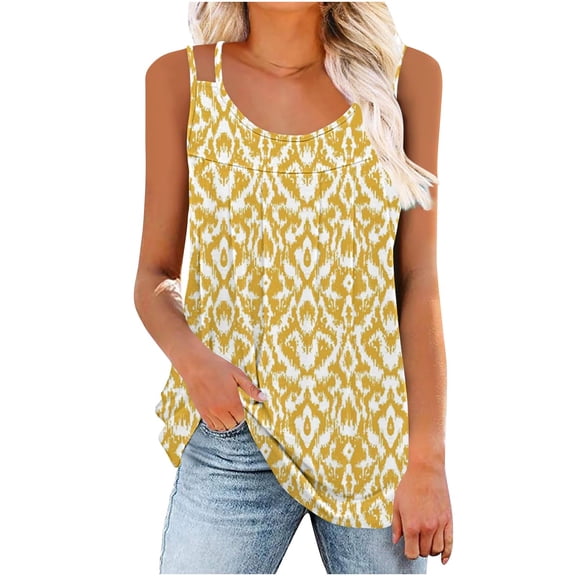 Goodeals Printed Tank Tops for Women Summer Loose Flowy Shirts Fashion Double Spaghetti Strap Camisole Dressy Casual Sleeveless Work Blouses Square Neck Outfits(Yellow,L)