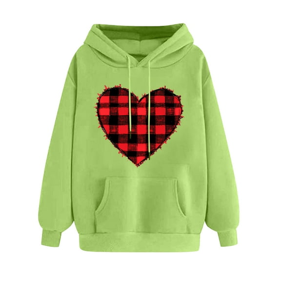 Goodeals Reduced,Cute Valentines Day Sweatshirt for Women Love Heart Pullover Sweatshirts Buffalo Plaid Graphic Hooded Tops Girls Funny Spring Clothes(Green,M)