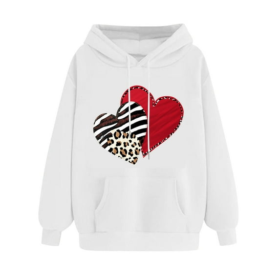 Goodeals Reduced,Funny Leopard Heart Love Graphic Hooded for Women Cute Valentine's Day Fleece Sweatshirt Long Sleeve Drawstring Pullover Hoodie Oversized Sweatshirt Tops(White,S)