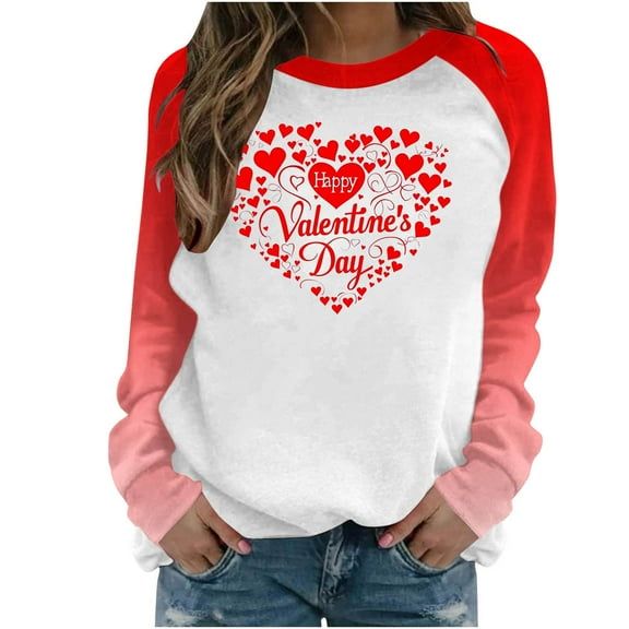 Happy Valentine's Day Sweatshirt for Women Casual Drop Shoulder Drop Shoulder Long Sleeve Pullover Tops Cute Heart Graphic Crewneck Shirts(Red,XXL)