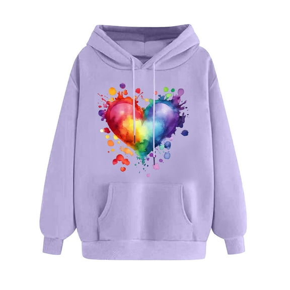 Hugs and Kisses Rainbow Love Hoodie for Women Valentines Fleece Sweatshirts Long Sleeve Loose Casual Sweatshirt with Pockets(Purple,L)