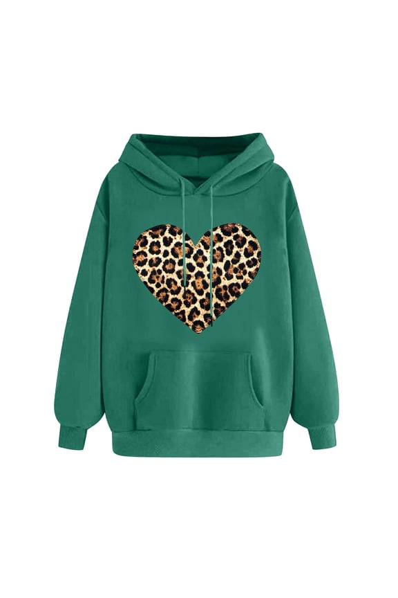 Love Heart Sweatshirt Women Oversized Valentines Day Pullover Cute Leopard Print Print Tops Hooded Fashion Drawstring Sweatshirts(Army Green,XXL)